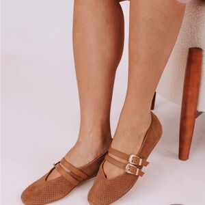 Women's Tan Double-Buckle Perforated Ballet Flats